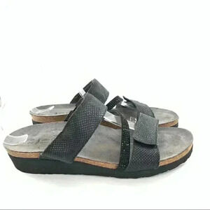Naot sandals 39 8 black leather snakeskin print sticky strap walking comfort